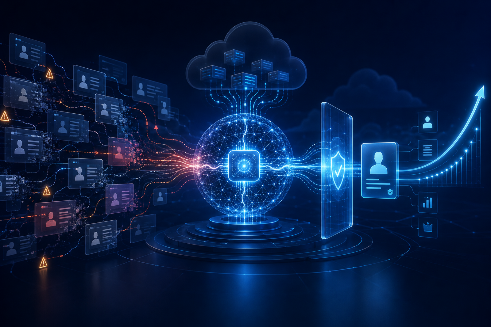 Fragmented CRM records passing through a data governance layer to create a trusted golden record and accurate forecast.